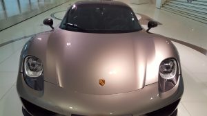 Silver Porsche in the showroom
